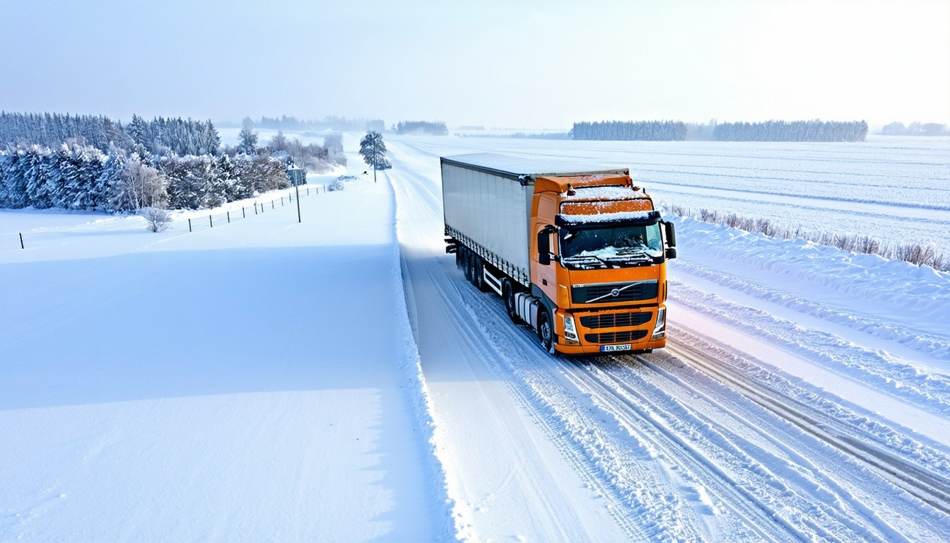 A truck driving in snowy weather conditions.